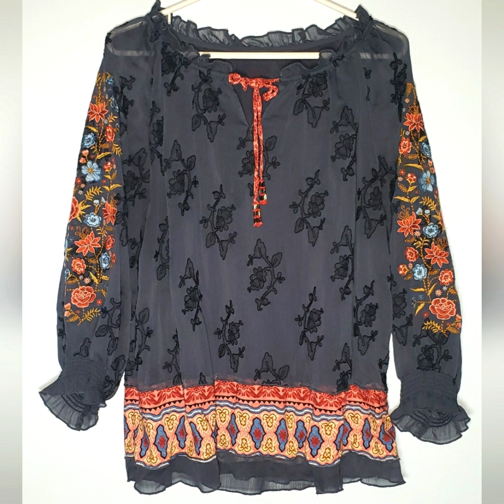 Floral Embroidered Navy Blue Blouse